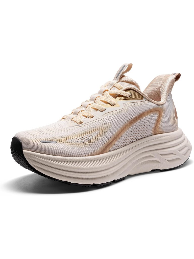 Women's Beige Running Shoes Slip On Pull On Round Toe Athletic Tennis Sneakers